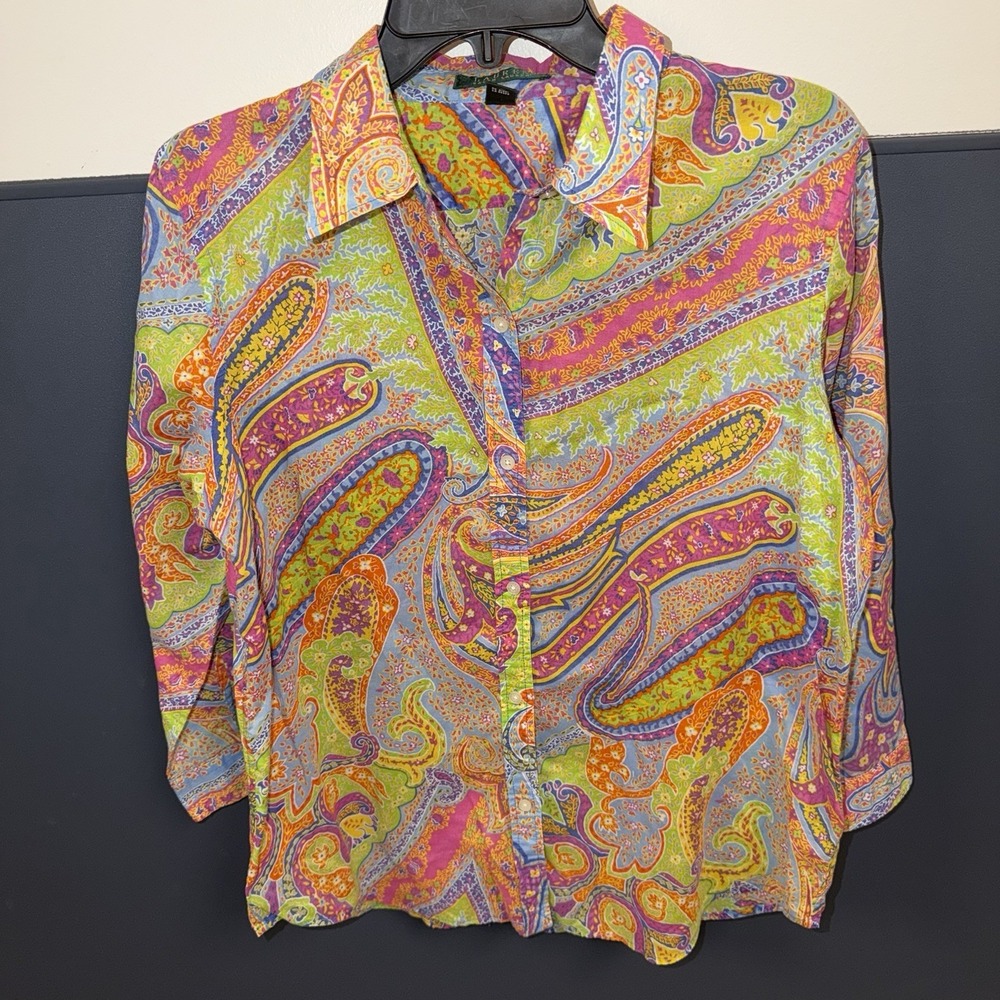 LRL Ralph Lauren Woman's Large L Vibrant Multicolor Paisley Shirt 3/4 Sleeve